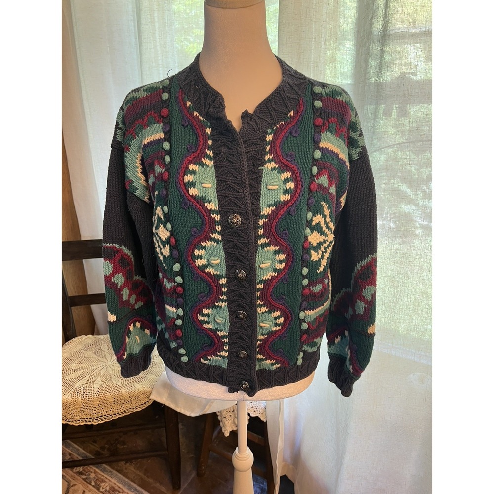 Hand Knit Sweater - heavyweight multi colored Size M Grannycore